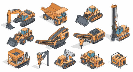 Collection of isometric construction and mining heavy machinery vehicles and equipment. © Buka