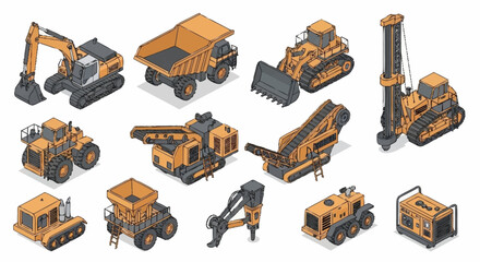 Collection of isometric construction and mining heavy machinery vehicles, including excavators, dump trucks, bulldozers, and drills. © Buka