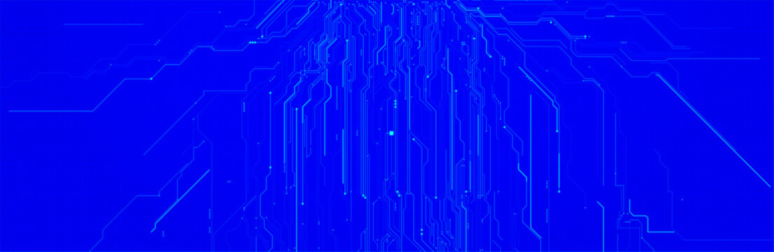 Vibrant blue circuit board with white and yellow glowing full-coverage pathway on pure electric blue background for bold technology and AI design	
