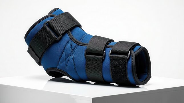 Blue orthopedic wrist brace with adjustable straps displayed on a white pedestal against a plain background, designed for support and immobilization of the wrist