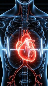 Stylized Anatomical Illustration of a Human Torso Featuring a Glowing Heart and Vital Signs for Medical and Health Visual Concepts