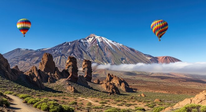 Hot air balloon drifts over majestic Mount Teide volcano and unique rock formations in Tenerife