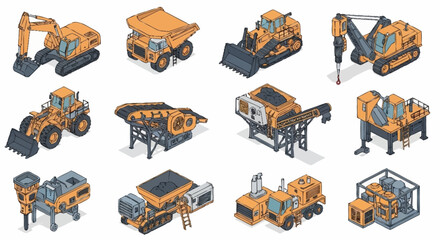 Collection of isometric construction and mining heavy machinery and equipment on a white background. © Buka