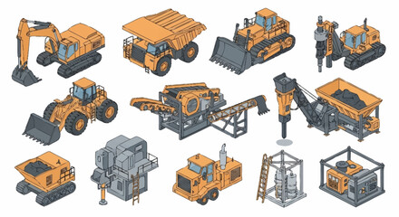 Collection of isometric construction and mining heavy machinery and equipment on a white background. © Buka