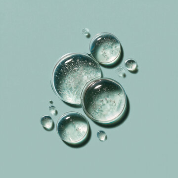 Macro shot of clear liquid bubbles on a pale green surface