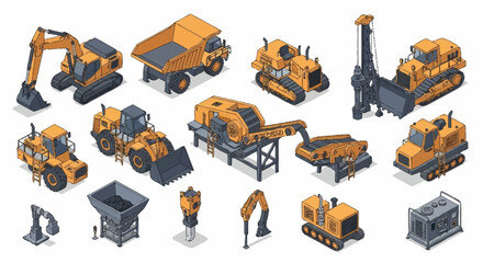 Collection of isometric construction vehicles and heavy machinery for building and industry projects. © Buka