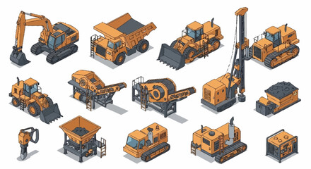 Collection of isometric construction and mining heavy machinery vehicles and equipment. © Buka
