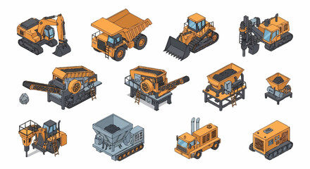 Collection of isometric construction and mining heavy machinery and equipment. © Buka