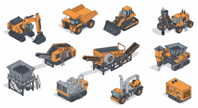 Collection of isometric construction and mining heavy machinery and equipment on a white background.