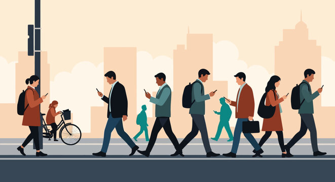 People walking in city, absorbed in smartphones, urban life, technology connection