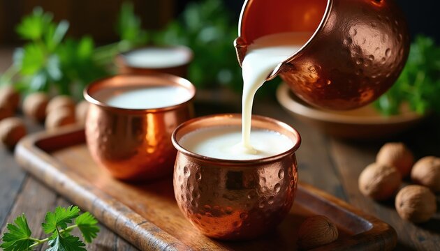 Liquid white drink pours into hammered copper cups. Rustic table setting with walnuts and green herbs. Traditional ayran beverage preparation in old style. Kitchen scene for food blog.