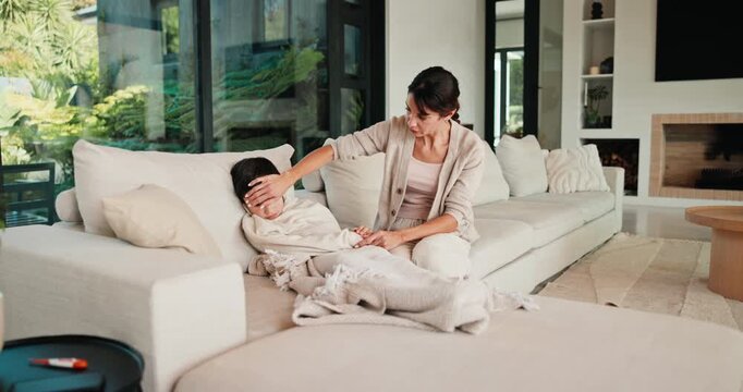 Mother, monitor and kid at house with fever symptoms, high temperature and viral infection. Woman, worry and overheating child with influenza, contagious illness and weak immune system in living room