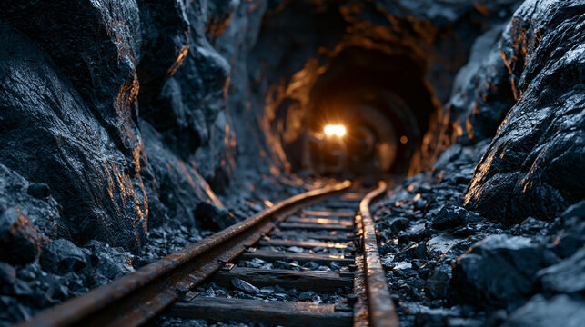 Aftermath moment inside a decommissioned coal mine, rusted rail tracks disappearing into darkness, a single LED construction light illuminating fresh ventilation equipment being installed, ideal for