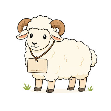 Cute Cartoon Ram with Neck Tag for Eid al-Adha Qurban