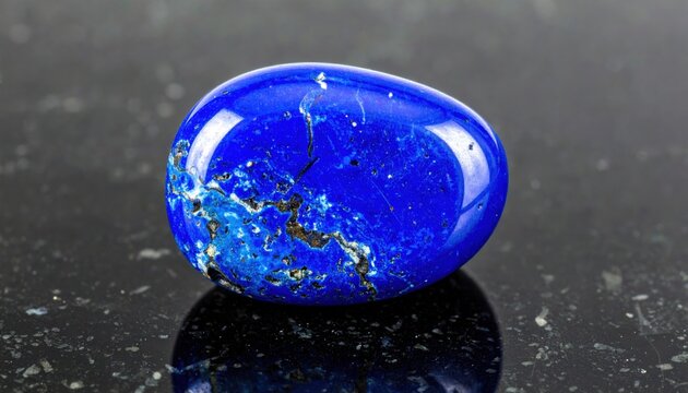 Oval tumbled lapis lazuli stone showing deep blue coloration with intricate golden pyrite and white calcite inclusions