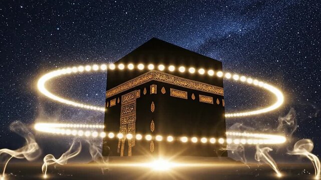 Religious structure with glowing orbs against a starry night sky