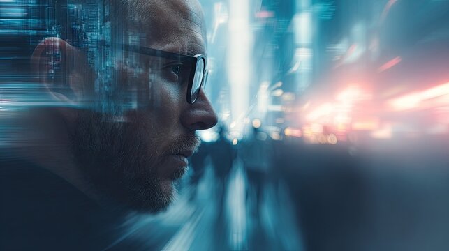 Man with glasses overlaid with urban scene abstract concept