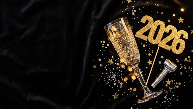 New Year 2026 Celebration with Champagne Glass and Gold Decor