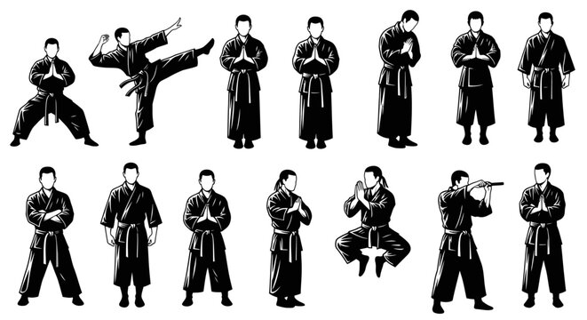 Black and White Martial Arts Silhouette Icons - Karate, Kung Fu, Judo Fighter Poses