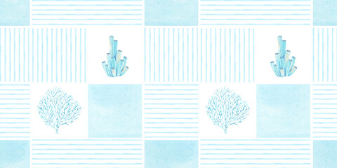 Coral, sponge tube and blue mosaic tile watercolor Mediterranean geometric seamless pattern with striped texture. Amalfi coast print in marine style. Abstract background for textile, wallpaper, fabric © Fedulova_art