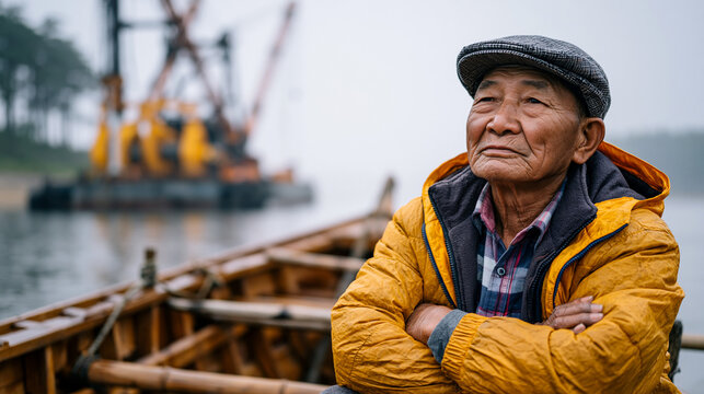 Elderly fisherman in a traditional wooden boat watches a wave energy converter installation barge from fifty meters away, arms crossed, expression thoughtful, morning mist on the cove, ideal for oce
