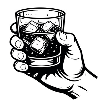 Hand holding a refreshing glass of drink with ice cubes in a classic black and white style, perfect for retro designs