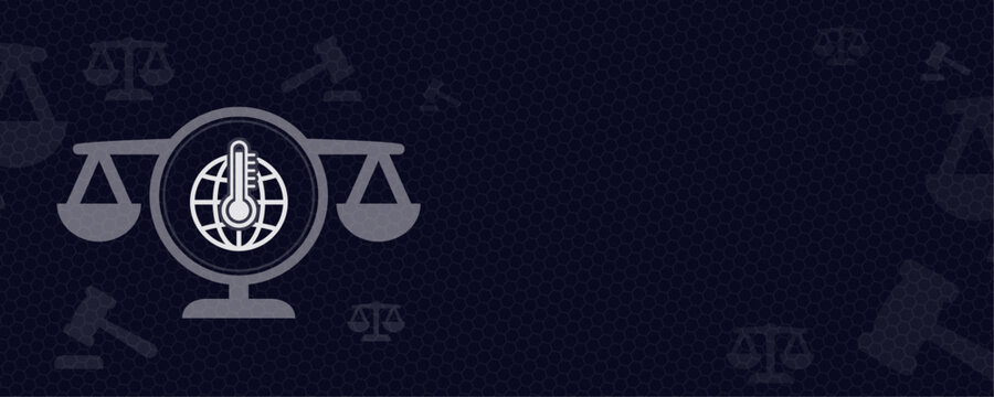 Climate justice concept with a scale of justice icon and globe thermometer symbol on a dark blue background with legal icons pattern for law and environment protection