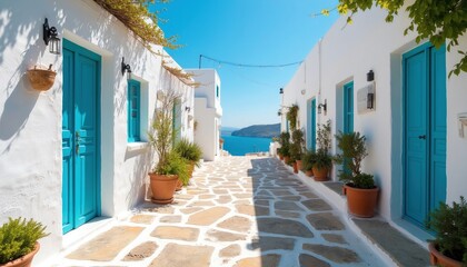 Fototapeta premium Narrow cobblestone alleyway between white buildings with blue doors leads to sparkling blue sea view. Green potted plants adorn stone path. Sunny day, clear sky.
