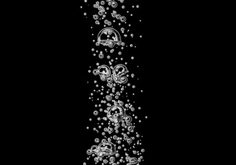 Obraz premium A vertical stream of transparent air bubbles rising against a solid black background, showing various sizes of spherical gas pockets