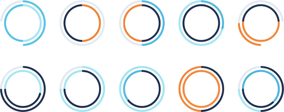 Circular progress bars with different colors and segments representing data visualization and analytical progress