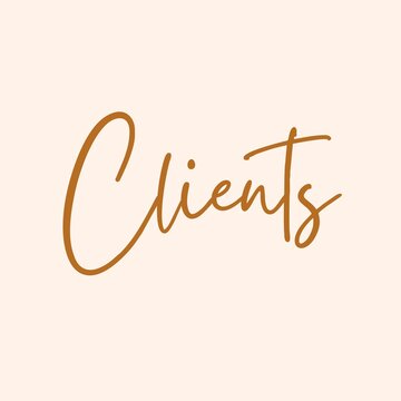 Elegant hand written calligraphy text spelling out the word clients in brown color
