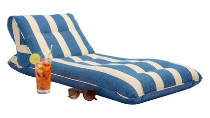 Obraz premium Blue and white striped beach lounge chair with a drink and sunglasses isolated on transparent background