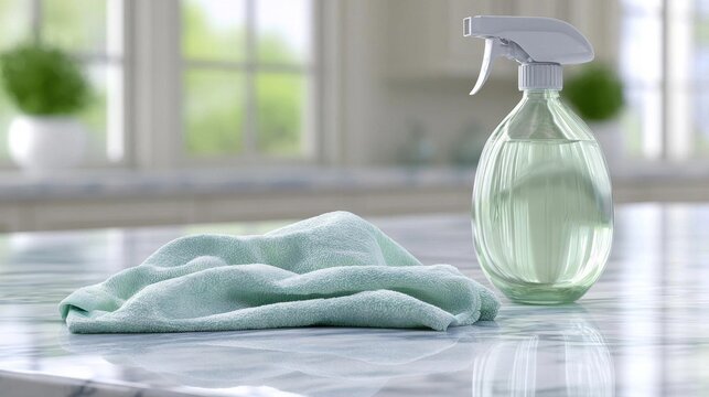 Glass spray bottle with a white trigger on the right side and a green microfiber cloth on the left side. the bottle is placed on a kitchen countertop with a window in the background.