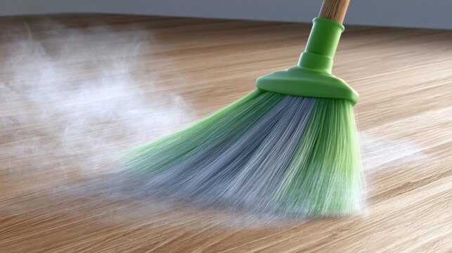Green broom with a wooden handle on a wooden floor. the broom is being used to sweep away dust from the floor, which is visible in the image.