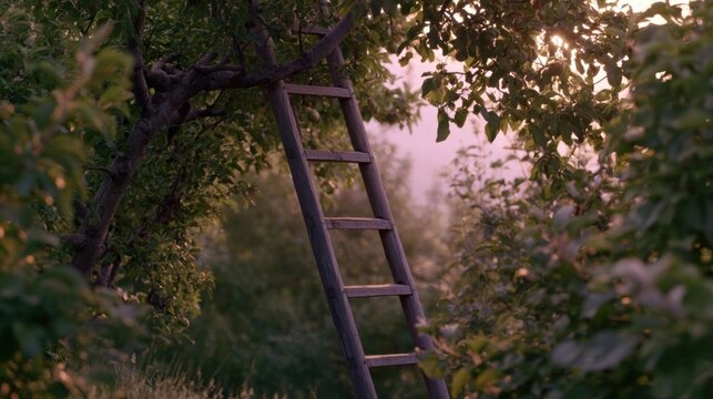 Wooden ladder leaning against a tree in an orchard. the ladder is made of wood and appears to be old and weathered.