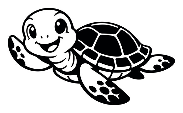 Cartoon sea turtle design with a happy smiling face and outstretched flipper. Cute black and white swimming aquatic animal