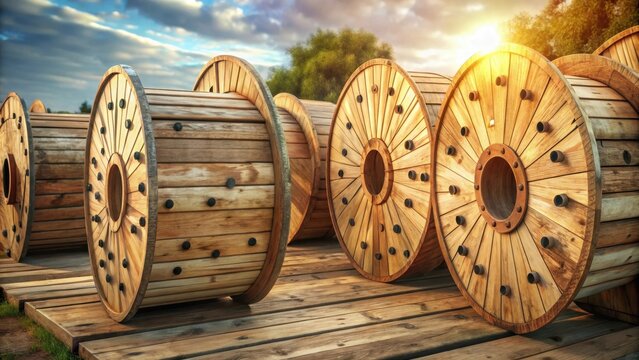Wooden cable reels in stock in the open air