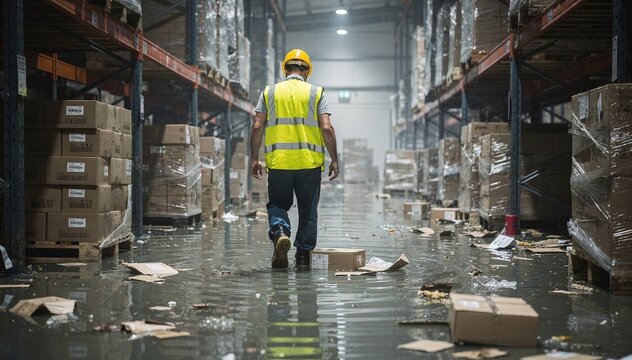 Warehouse aftermath: A solitary worker navigates through a flooded aisle, surrounded by damaged cardboard boxes and pallets, highlighting property damage and a somber atmosphere