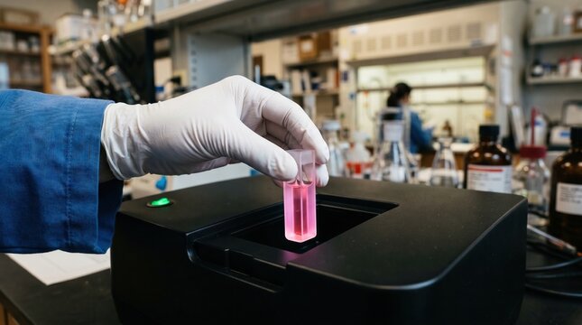 Technician inserting erbium solution cuvette into spectrophotometer, laboratory close-up analysis