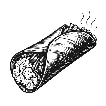 Flavorful chicken burrito, popular Mexican cuisine fast food. Hearty chicken burrito contains savory shredded chicken, rice, beans, fresh salsa wrapped in warm tortilla.