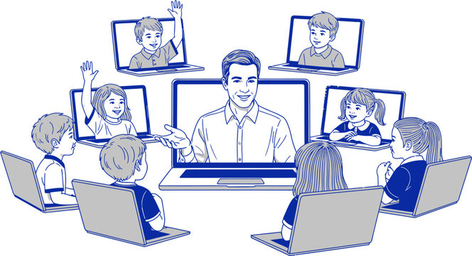 Concept of modern online education with a male teacher facilitating a virtual classroom session for multiple young students on individual laptops, symbolizing remote learning and digital schooling