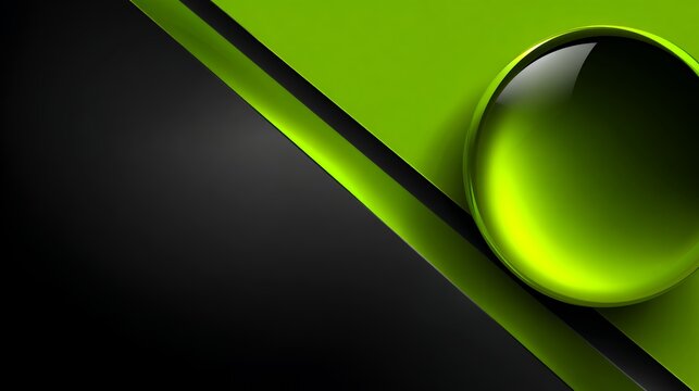 Minimalist geometric lime green and black overlapping layers background with glass crystal circle sphere button template copy space