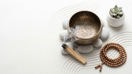 Fototapeta premium Zen Meditation Still Life with Singing Bowl Palo Santo and Mala Beads