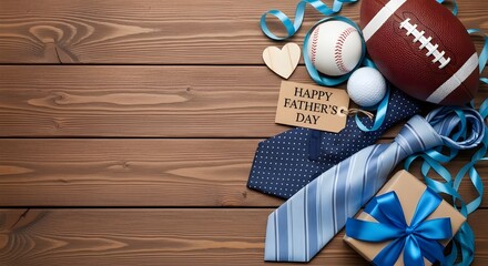 Happy fathers day background with sports balls, ties and gift box on wooden table