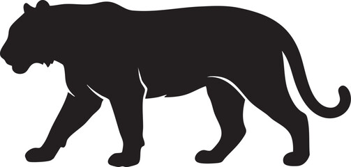 Silhouette of a Panther: A striking black silhouette of a panther in mid-stride, embodying power and stealth. Its muscular form is clearly defined against a stark background. © Yasir