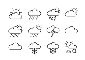 Obraz premium Weather forecast icons on white background.