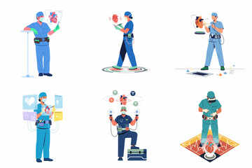 Fototapeta premium Set of Surgeons Utilizing Advanced Futuristic Technology and Holographic Interfaces for Heart Diagnostics and Surgical Procedures