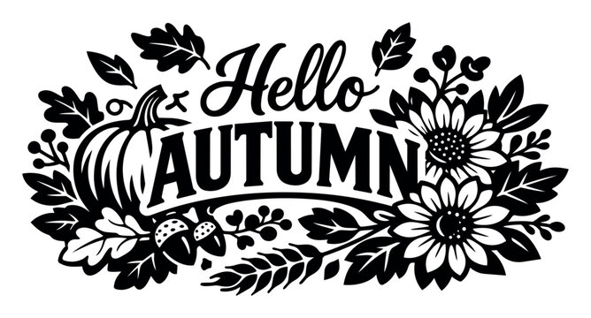 Hello Autumn custom lettering forming a decorative composition with fall elements like pumpkin, sunflowers, and acorns