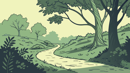 Fototapeta premium Stylized Green Forest Landscape Illustration with Winding Path Through Trees