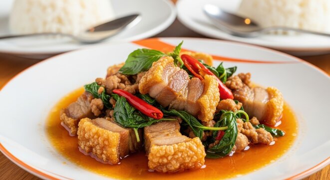 Stir-Fried Crispy Pork Belly with Holy Basil and Chili, Popular Thai Street Food Dish Pad Kra Pao Moo Krob